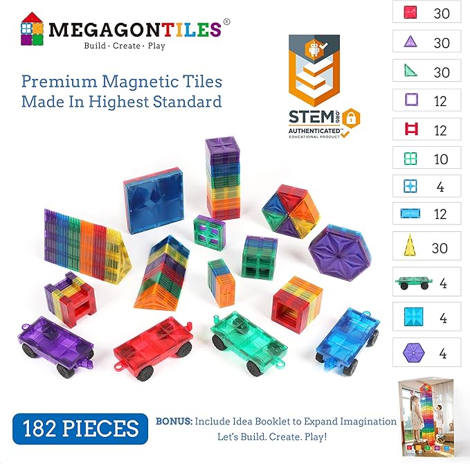 182PCS Premium MagneticTiles, MagnetTiles, STEM AUTHENTICATED,MEGA MagnetTiles, Magnetic Blocks, Magnetic Building Blocks, Magnets for Kids, MagneticTile Toy Boys Girls Age 3 4 5 6 7 8