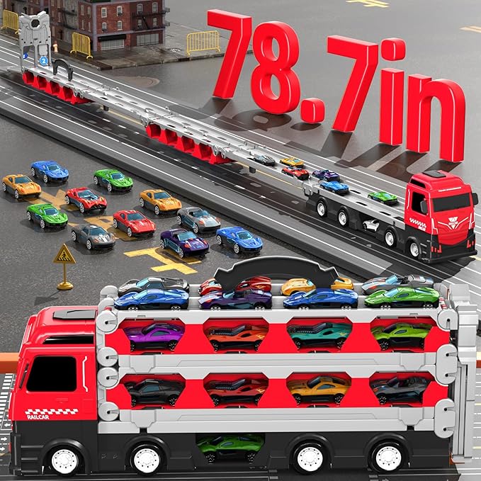 78-Inch Cars Trucks Toys for Toddler 1-3 2-4 3-5 4-7 Years Old Boys Kids, Transport Truck Toys with 24 Pcs Die-Cast Cars, Toys Gifts for 3 4 5 6 Year Old Boys, Toddler Boy Toys Ages 3-5 4-7