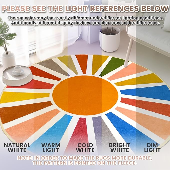 Washable 6Ft Round Sun Area Rug for Living Room, Rainbow Sun Modern Abstract Boho Circle Rug, Ultra Thin Low Pile Lightweight Indoor Carpet Mat with Non-Slip Backing for Bedroom Kids Nursery Play Room