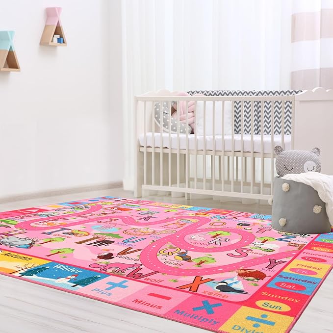 Terrug Kids Rug for Playroom, Educational Classroom Rug for Kids Room, Washable Nursery Rugs Non Slip Playroom Rugs Play Mat for Learning ABC Carpet, Numbers, Animal, Colors, Season, 4X6 Feet, Pink