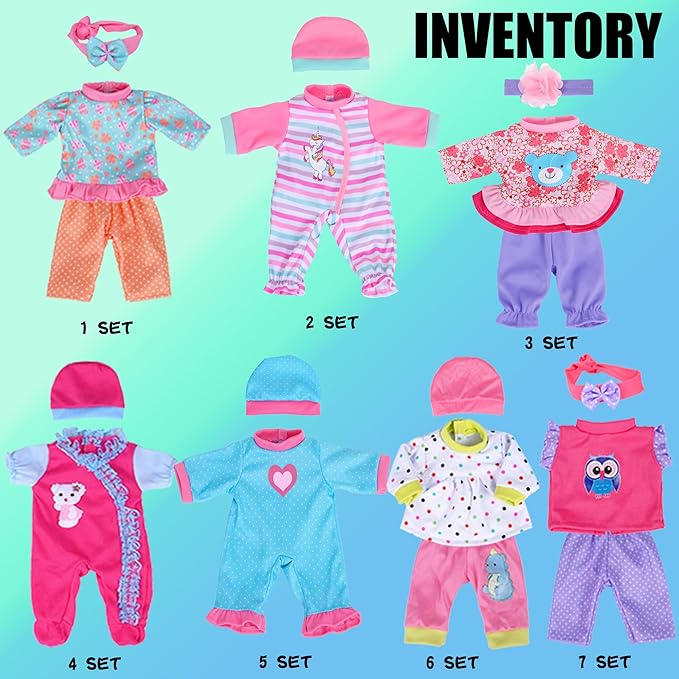 Doll Clothes 7 Sets Doll Playtime Outfits Clothes Hat Headband Fits for 10 Inch Baby Dolls 12 Inch New Born Baby/Alive Baby Dolls 14 inch Dolls (No Doll)