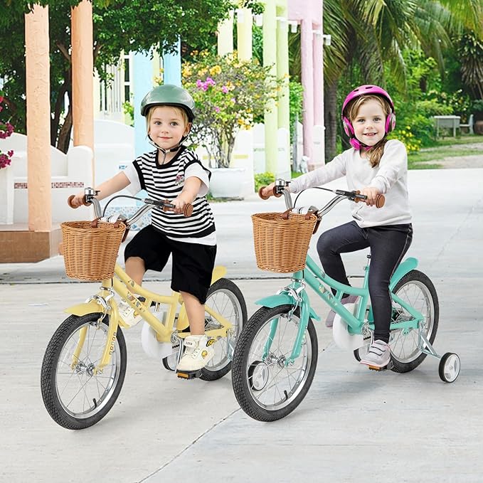 BABY JOY Retro Kids Bike, 12 14 16 18 Inch Child Bike for 3-8 Years Old w/Rattan Basket, Adjustable Height, Training Wheels, Fenders, Handbrake Coaster Brake, 95% Pre-Assembled Kids Bicycle for Girls