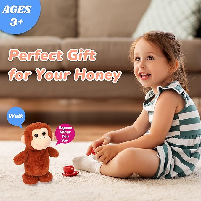 Hopearl Talking Singing Monkey Repeats What You Say Walking Electric Interactive Animated Toy Speaking Plush Buddy Gifts for Toddlers, Brown, 8.5''