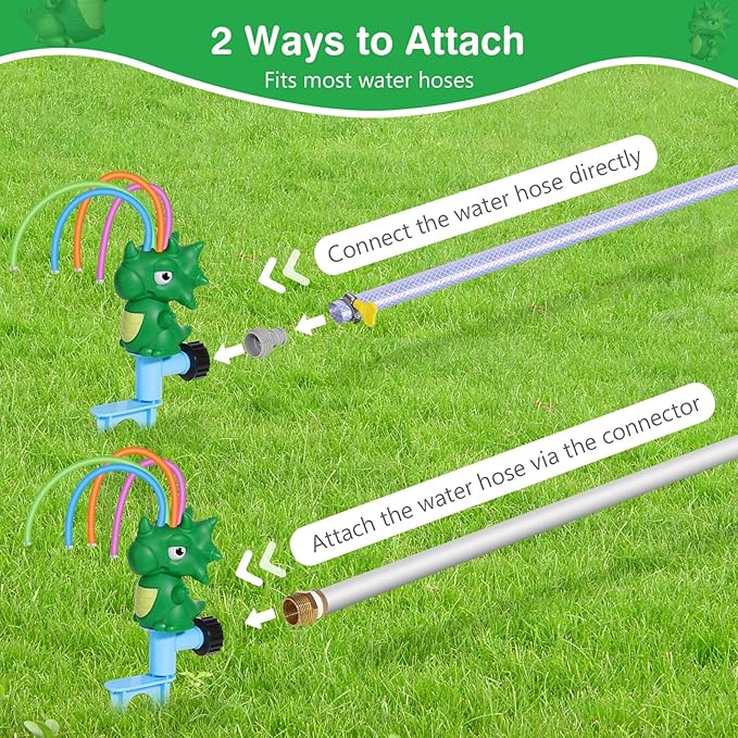 MoKo Water Sprinkler for Kids, Dinosaur Toddler Outdoor Toys with 4 Wiggle Tubes and Hose Clamp, Outdoor Play Toys Spray Up to 8ft, Summer Water Toys Sprinklers for Yard Lawn Garden, 1 Pack, Green