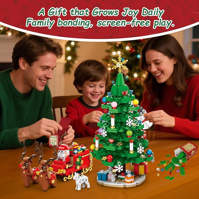 Christmas Tree Advent Calendar 2025, 24 Day Countdown Kit with 912PCS Building Blocks Set, Xmas Holiday Decorations Gift for Kids Teen Girls Boys (Santa Sleigh Reindeer)