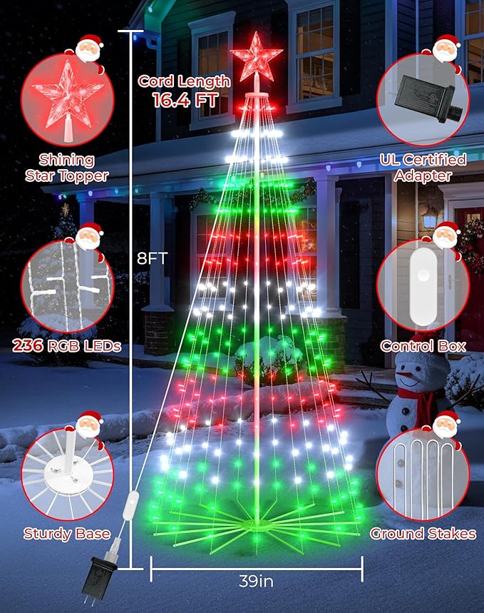 8FT Outdoor Christmas Tree Decorations Smart App Control, DIY Patterns Prelit Multicolor Outdoor Christmas Tree Light Show, Waterproof Magical String Lights with Remote Music Timer for Yard