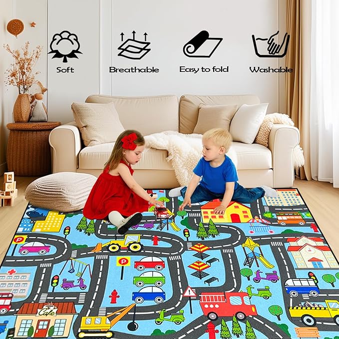 Car Track Rug - Car Rugs for Kids Toy Cars City Life Road Rug for Large Kids Play Mat for Boys Girls Playroom Living Room Bedroom Classroom, 5'×7'
