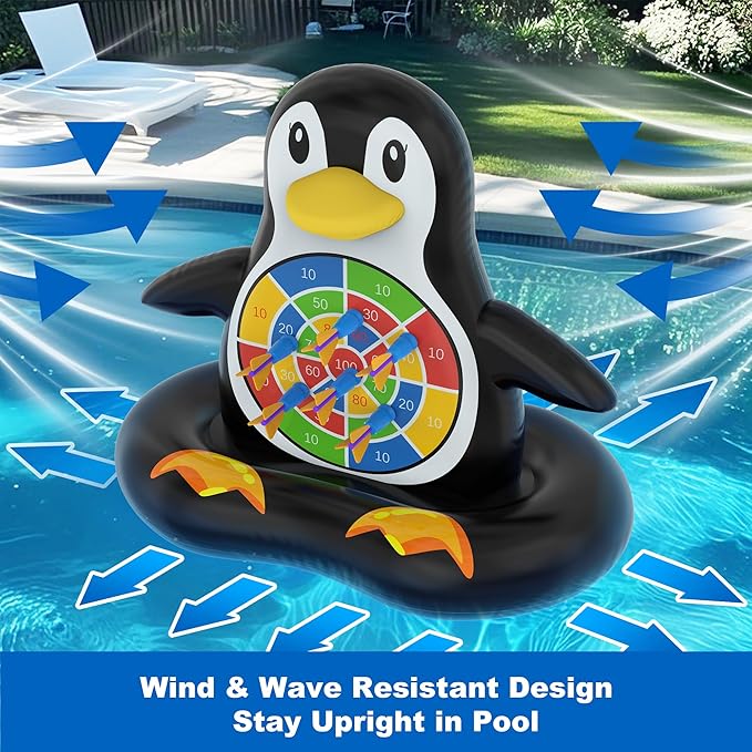 MOONTOY Pool Toys for Kids, Inflatable Penguin Dart Board Game, Pool Games for Beach & Backyard, Summer Water Toys for Boys Girls Ages 6-12, Teens & Adults (Pump Included)