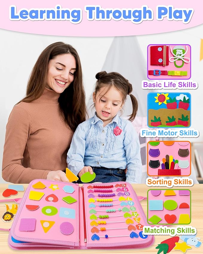 Exorany Busy Board Montessori Toys for Toddler Girl Birthday Gifts, Busy Book Sensory Learning Toys for Toddlers, Toddler Girl Airplane Car Travel Toy Educational Activities
