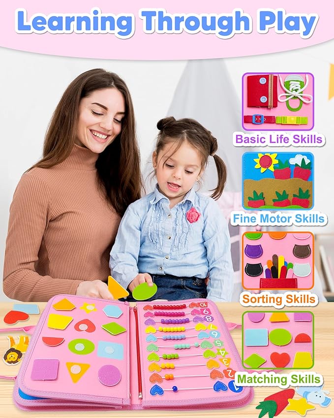 Exorany Busy Board Montessori Toys for Toddler Girl Birthday Gifts, Busy Book Sensory Learning Toys for Toddlers, Toddler Girl Airplane Car Travel Toy Educational Activities