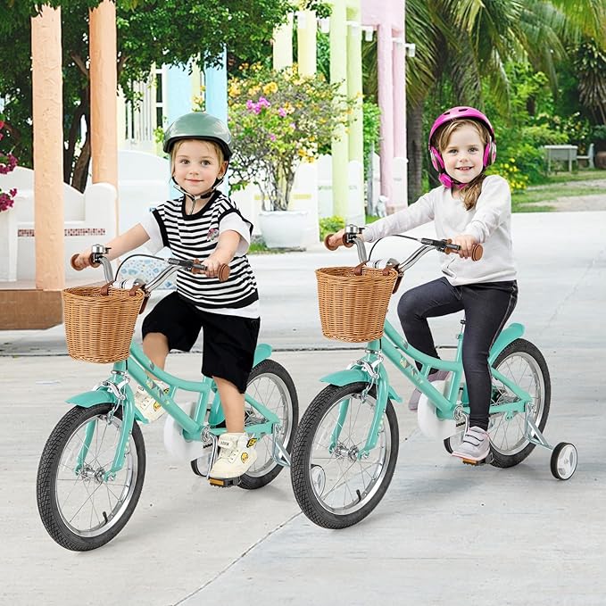 BABY JOY Retro Kids Bike, 12 14 16 18 Inch Child Bike for 3-8 Years Old w/Rattan Basket, Adjustable Height, Training Wheels, Fenders, Handbrake Coaster Brake, 95% Pre-Assembled Kids Bicycle for Girls