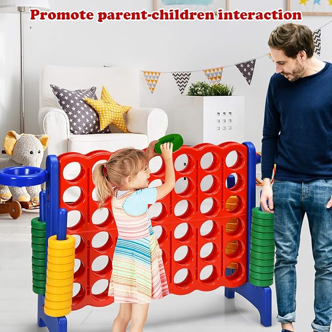 Costzon Giant 4-in-A-Row, Jumbo 4-to-Score Giant Game w/Basketball Hoop, Ring Toss, Quick-Release Slider, 42 Jumbo Rings, Indoor Outdoor Family Connect Game for Kids & Adults, Backyard Games, Blue