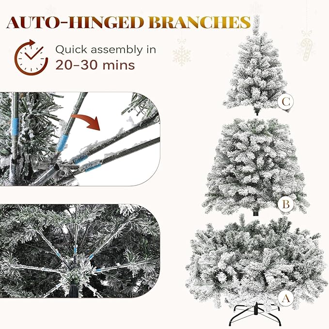 7.5FT Prelit Fluffy Snow Flocked Fraser Fir Artificial Christmas Tree with Warm White Lights, Hinged Branches, 1100 Tips, Artificial Christmas Tree Include Metal Stand for Holiday Home Decor