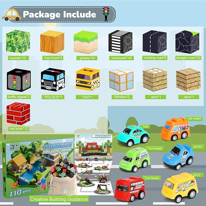 Magnetic Blocks 110PCS with 5 Car Toys, City Building Blocks Set, Toys for Boys & Girls Age 4-6, 6-8, Stacking Building for Toddlers Sensory for Kids 3+