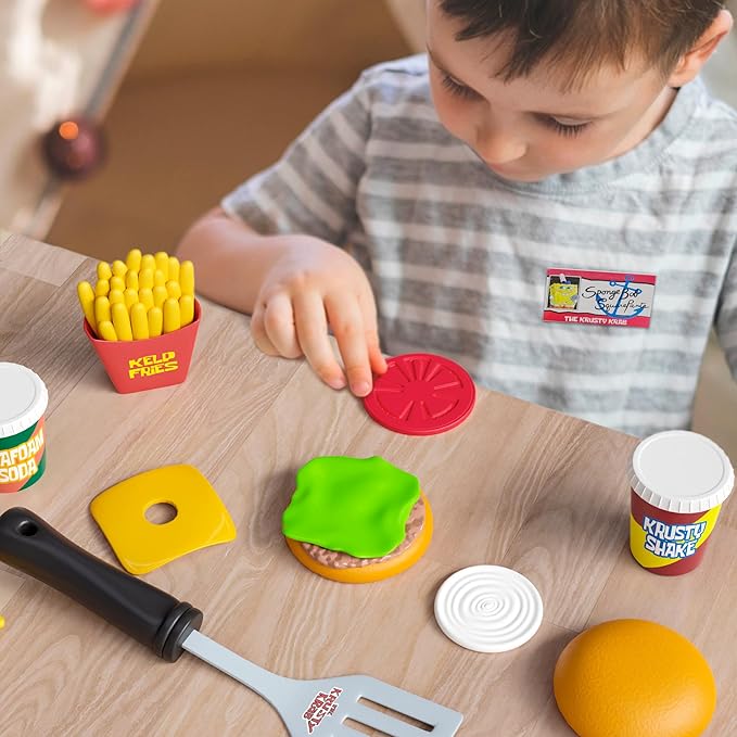 Spongebob Kids Kitchen Playset - Interactive Play Food with 2 Krabby Patty Burgers, Seafoam Shake, Kelp Fries, Spongebob Toys Kitchen Set for Kids Ages 3-5 Includes Velcro Dots