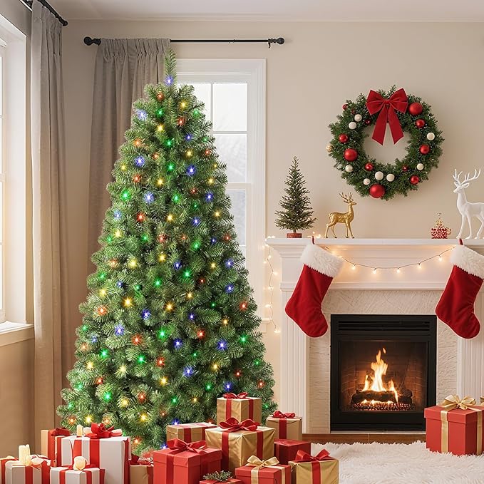 SHareconn 7ft Prelit Premium Artificial Classic Spruce Christmas Tree, 300 Warm White & Color LED Changing Lights, 1020 Branch Tips, Perfect Choice for Xmas Decoration,7 FT
