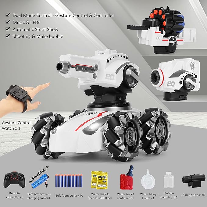 CXJ 3 Head RC Tank Car, Kids 4WD Battle Stunt Car, Blow Bubble, Shoot Foam Darts, 360Rotating, LEDs, Music, Toy Gifts for 6-15 Years Old Boys Girls