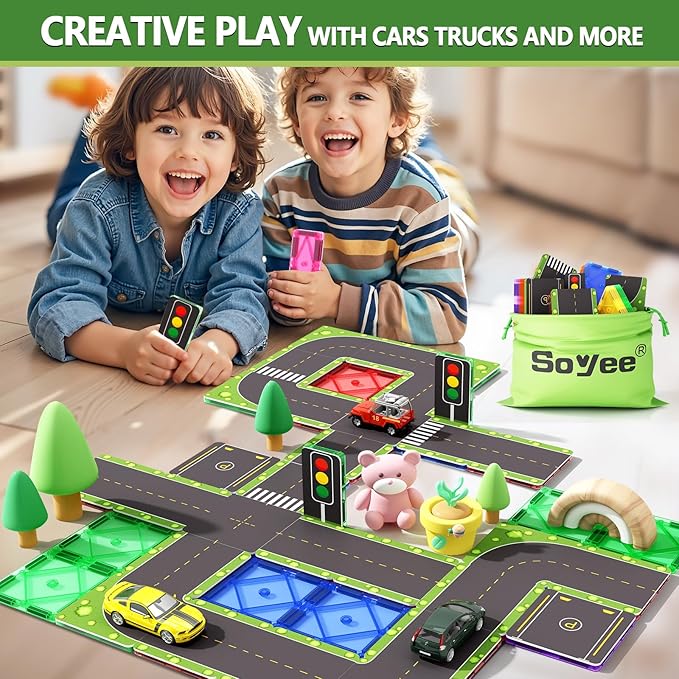 Magnetic Tiles Road Toppers Set Kids Toys for 3 Year Old Boys and Girls Playing with Car Toys Preschool Learning Activities Gift for 3 4 5 6 Year Old Toddlers Kids