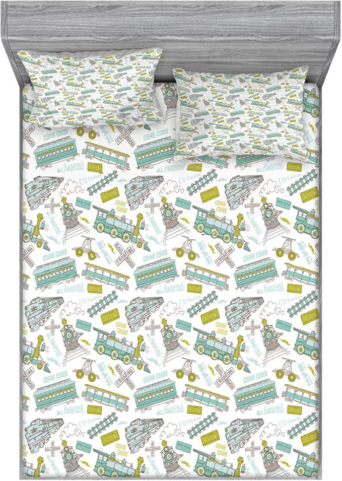 Ambesonne Steam Engine Fitted Sheet & Pillow Sham Set, Choo Choo Train Pattern and Number Signs Vintage Travel Theme Print, Decorative Printed 2 Piece Bedding Decor Set, Full, Apple Green Turquoise