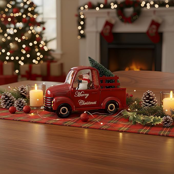 Snowman Christmas Snow Globes Red Truck Carrying Christmas Tree Water Lantern, 8 Christmas Music, Holiday Decorations Gifts for Family, Children or Friends