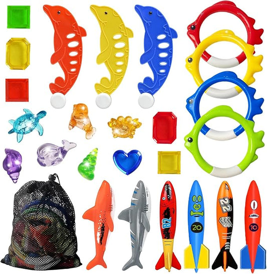 Jasonwell Pool Diving Toys Games - 25PCS Swimming Pool Toys with Dive Sticks and Rings Underwater Treasures Torpedo Bandits Fish Toy etc Fun Water Swim Toy for Boys Girls Adults Kids Teens