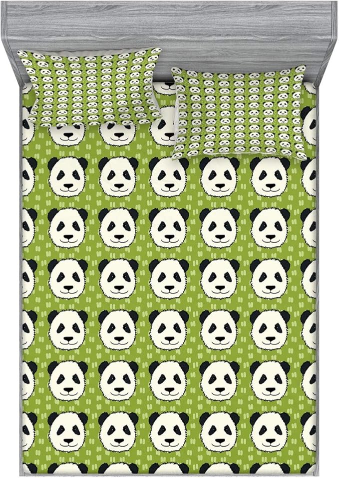 Ambesonne Panda Fitted Sheet & Pillow Sham Set, Cartoon Funny Hand Drawn Style Panda Bear Heads Animal Pattern Funny Furry Mammal, Decorative Printed 3 Piece Bedding Decor Set, Calking, Olive Green