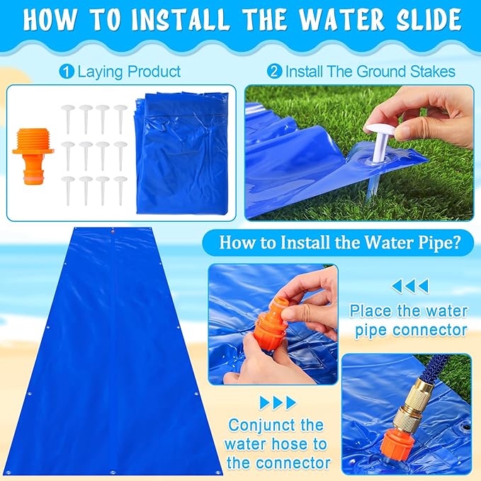 Slip n Slide, 20ft x 6ft Lawn Water Slides for Teenagers and Adults, Summer Slip Waterslides Water Toy with Build in Sprinkler for Backyard Outside Water Fun for Kids Ages 8-12(18 Stakes, Blue)
