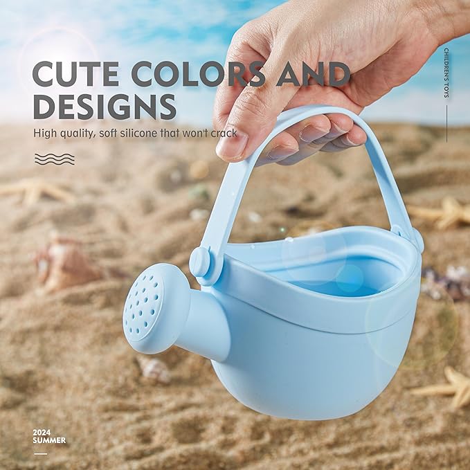 MarcZero 17Pcs Silicone Beach Toys,Modern Baby Beach Toys,Travel Friendly Beach Set,Silicone Bucket, Watering Can, Shovel, 12 Sand Molds, Beach Bag,Silicone Sand Toys for Toddlers, Kids (Light Blue)
