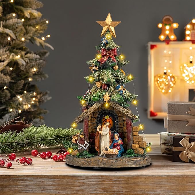 Musical Christmas Tree Nativity Scene with Figurines LED Light, Christmas Holy Family Nativity Scene for Xmas Decor Gift, Tabletop Decorative Christmas Ornaments