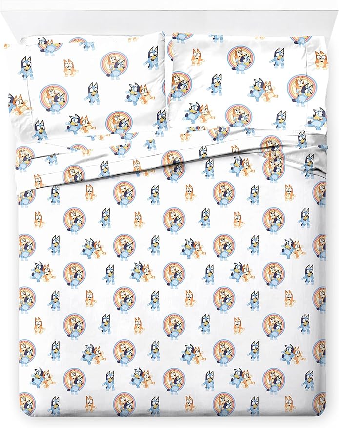 Saturday Park Bluey and Bingo Rainbow Clouds Full Sheet Set - 4 Piece 100% Organic Cotton Sheets with Pillow Cover - GOTS & Oeko-TEX Certified