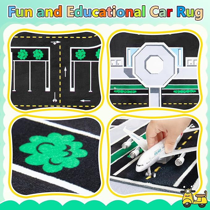 Kids Rug, Road Rug for Kids with Combined City Road Traffic System, Car & Airport Rugs, 3x5 Ft Children’s Play Rugs for Playroom, Children’s City Traffic Map Fun Car Carpet, Non-Slip