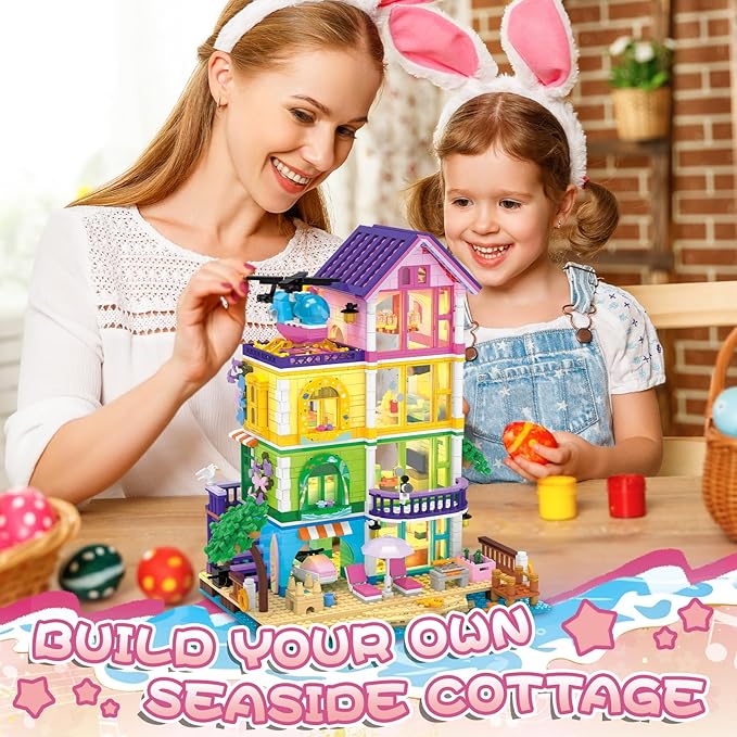 Girl Beach House Building Set with LED Light, NO Compatible with Lego 1346PCS Friends Seaside Villa Building Toy with Plane and Boat, Colorful 4 Floor Garden Home Gifts for Christmas, Valentine's Day