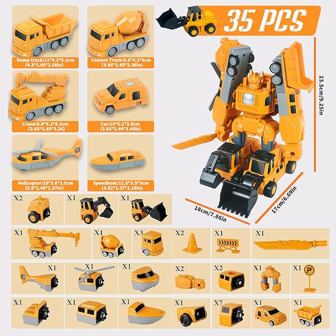 Magnetic Transform Engineering Car Assembled Toys with Storage Box, Transforming Robot Toy Construction Vehicle Toy Gift for Kids Age 3-5 4-8, Outdoor Toddler Activities Toys (35 Pcs)