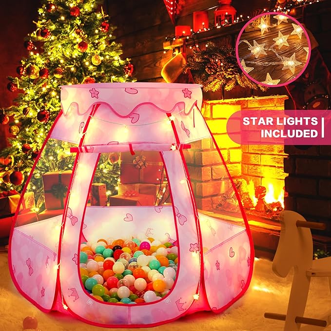 Baby Ball Pit for Toddler: with Star Lights - Pop Up Princess Play Tent for Kids - Indoor Outdoor Baby Girl Toys Birthday Gifts - NO Balls (Dreamy Pink Tent)
