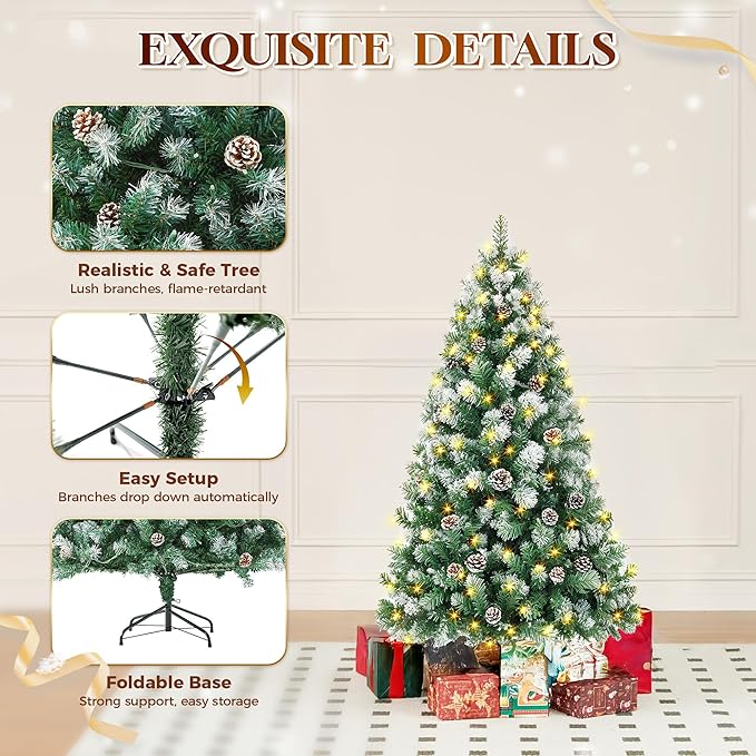 HOLLO STAR 4.5 ft Prelit Christmas Tree with 150 LED Lights, App Control, Artificial Christmas Tree, Multi-Color RGBW Lights, 330 Flocked Frosted Tips, 28 Pine Cones, Metal Base, for Home, Party