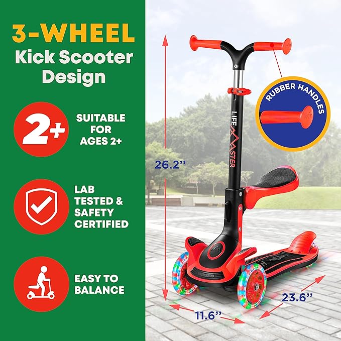 Kids Scooter – Foldable Seat – LED Wheel Lights Illuminate When Rolling – Children and Toddler 3 Wheel Kick Scooter – Adjustable Handlebar – Indoor and Outdoor- by Lifemaster