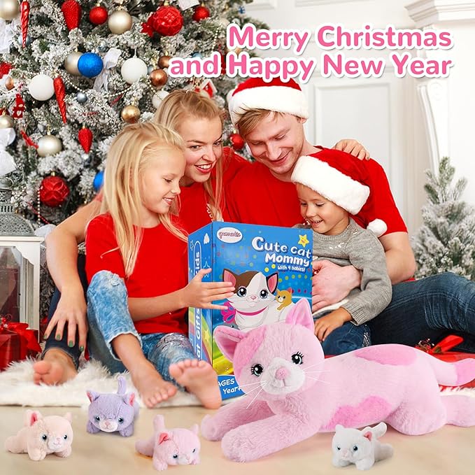5 Pieces Cat Stuffed Animals with Babies Inside Belly - 1 Mommy Stuffed Cat with 4 Kittens - Stuffed Kitty Plush Toys for Kid Age 3-8, Gift Ideal for Christmas, Valentine's, Birthday (Pink)