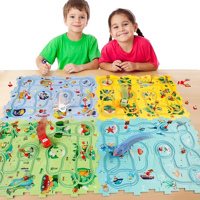 Puzzle Racer Kids Car Track Set, Kids Toys Boys 3-5, Toys for 2 3 4 5 6 Year Old Boys, Toys for Ages 2-4, Montessori Toys for 3+ Year Old, Fat Brain Toys(100Pcs, 4 Themes)
