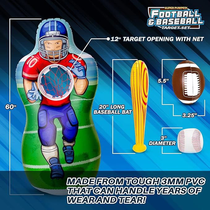 Inflatable Double-Sided Baseball & Football Target Set - Blow Up Toy with Soft Football, Baseball & Inflatable Bat - Fun Toss Games for Indoor, Outdoor, Backyard & Party Favor - 5 Feet