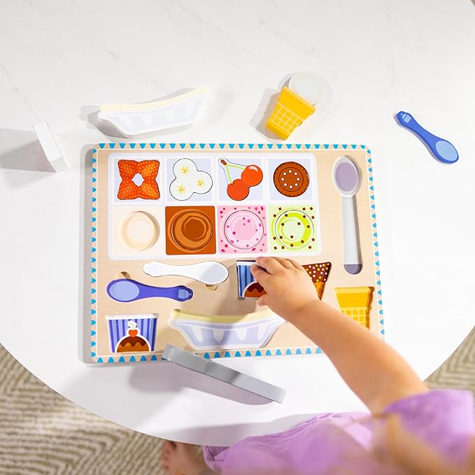 Melissa & Doug Ice Cream Wooden Magnetic Puzzle Play Set, 16 Magnet Pieces with Scooper, Wooden Play Food Toy for Boys and for Girls Ages 2+