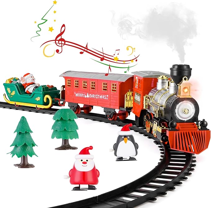 Electric Toy Train Set Around Christmas Tree, Classical Locomotive Engine w/Smokes, Lights & Sounds, Santa Claus Figure as Decoration, Gift for Kids Ages 3 and Up Boys Girls Toddler Children Presents