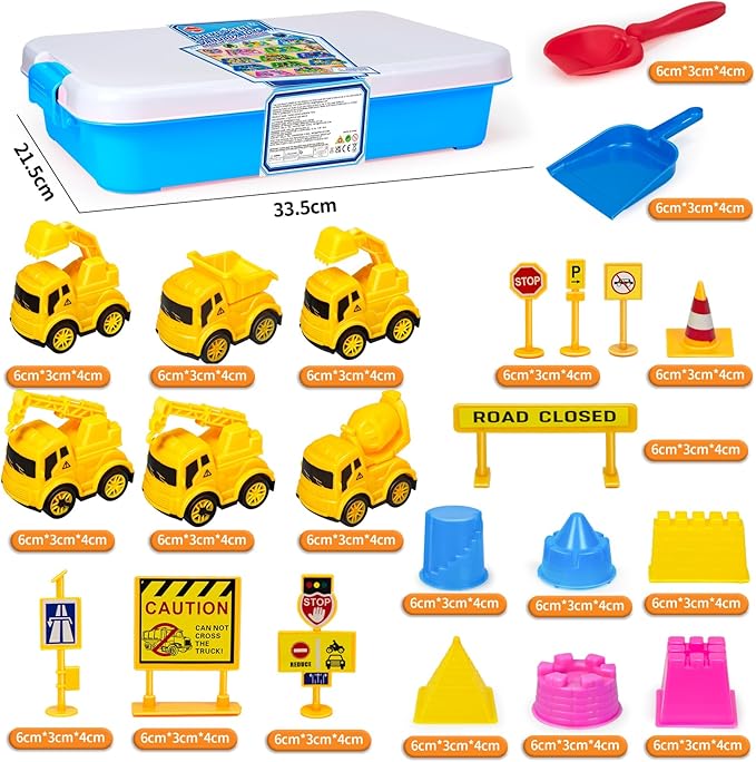 Construction Sensory Bin for Toddlers, Kids Play Sand Kit Toys Sandbox with 2.2lbs Magic Sand, Vehicles, Castle Molds, Road Signs, Shovel, Preschool Learning Activities Gifts for Boys Girls Age 3-5+