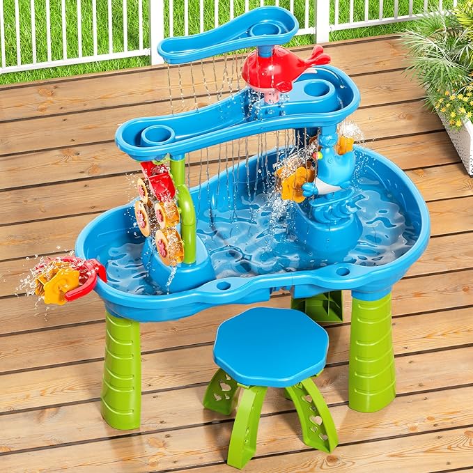 3-Tier Water Table for Kids Ages 3-5 4-8, Toddlers Outdoor Summer Water Table Beach Toys, Kids Activity Sensory Table Toddler Sand Box Play Table with Rain Showers Splash Pond for Boys Girls