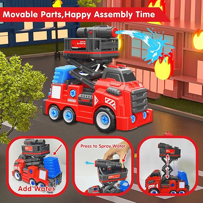 11inches Large Take Apart Toys Fire Truck for Boys Girls Kids 3-5 6-8 Year Old Fire Rescue Vehicles with Electric Drill Set Assembly Toy Learning Educational Toys