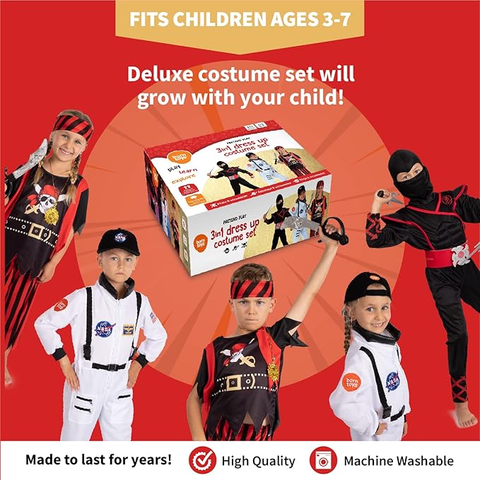 Born Toys 3-in-1 Kids' Dress Up & Pretend Play Set - Kids Pirate, Ninja & Astronaut Costumes for Ages 3-7