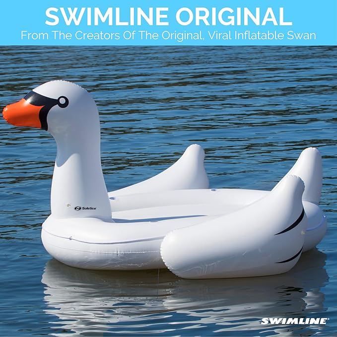 SWIMLINE ORIGINAL 19671 Double Inflatable Swan Pool Float Floatie Ride-On Lounge W/ Stable Legs Wings Large Rideable Blow Up Summer Beach Swimming Party Lounge Big Raft Tube Decoration