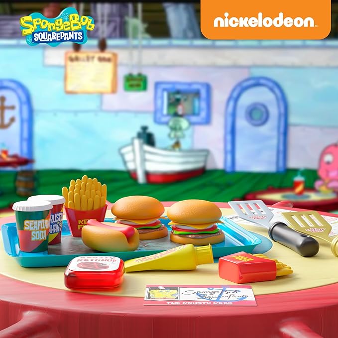 Spongebob Kids Kitchen Playset - Interactive Play Food with 2 Krabby Patty Burgers, Seafoam Shake, Kelp Fries, Spongebob Toys Kitchen Set for Kids Ages 3-5 Includes Velcro Dots