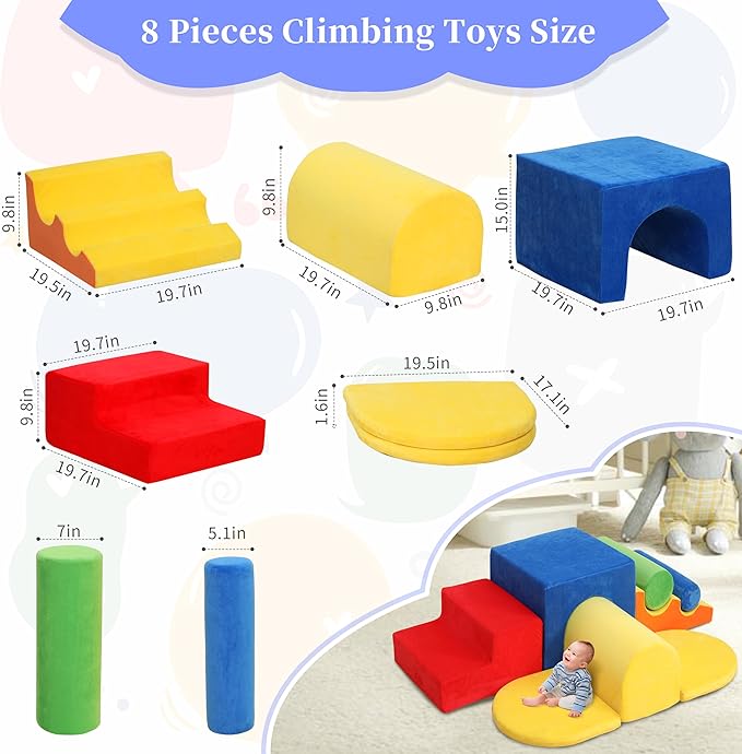 8-Piece Foam Climbing Blocks for Toddlers 1-3,PU Toddler Climbing Toys Indoor,Soft Play Climbing for Toddlers,Baby Toddler Kids Foam Climbing Blocks,Soft Play Set