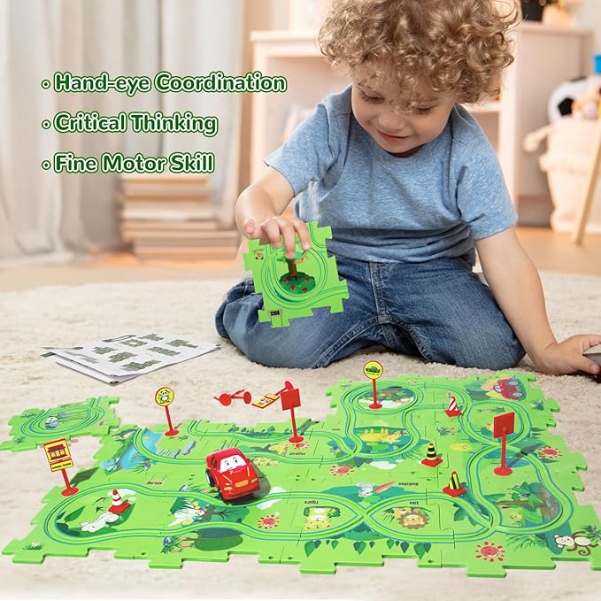 Puzzle Track Car Play Set, Plastic Puzzles for Kids with Vehicles, Railcar Puzzle, Car Tracks for Toddlers, Toys Gifts for 2 3 4 5 6 Year Old Boys, Toddler Boy Toys 2-3