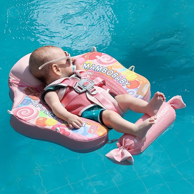 Mambobaby Float Add Tail Baby Swim Float with Canopy Solid Pool Infant Swim Trainer Swimming Training Lying Air Free Water Floats Non-Inflatable Waist Swim Ring for Toddlers (Candy)